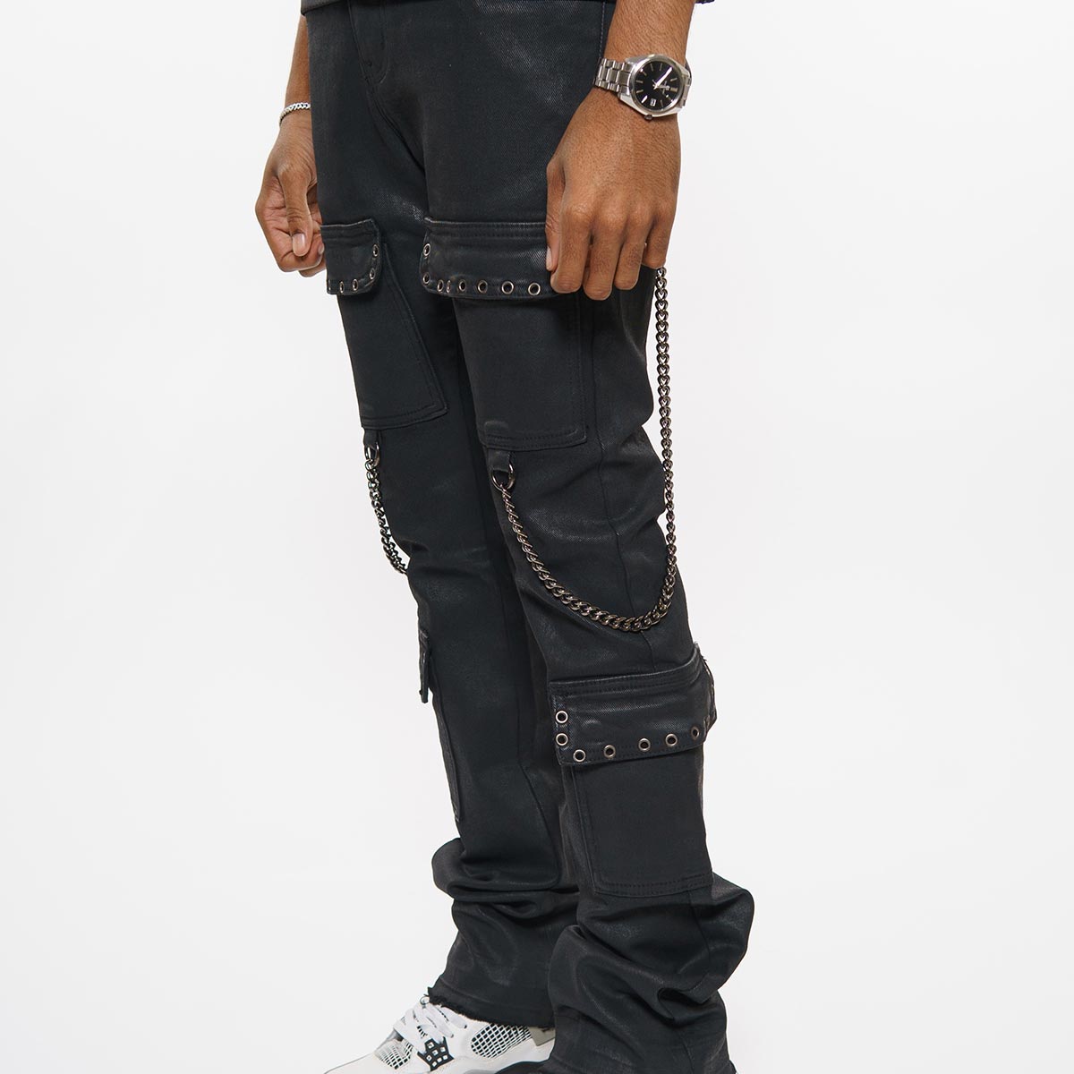 Wax coated cargo flare denim pant with side chains By Vicious-3