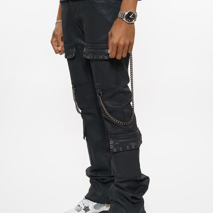 Wax coated cargo flare denim pant with side chains By Vicious-3