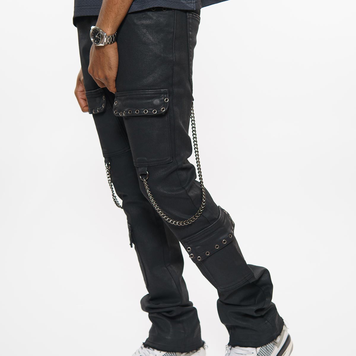 Wax coated cargo flare denim pant with side chains By Vicious-4