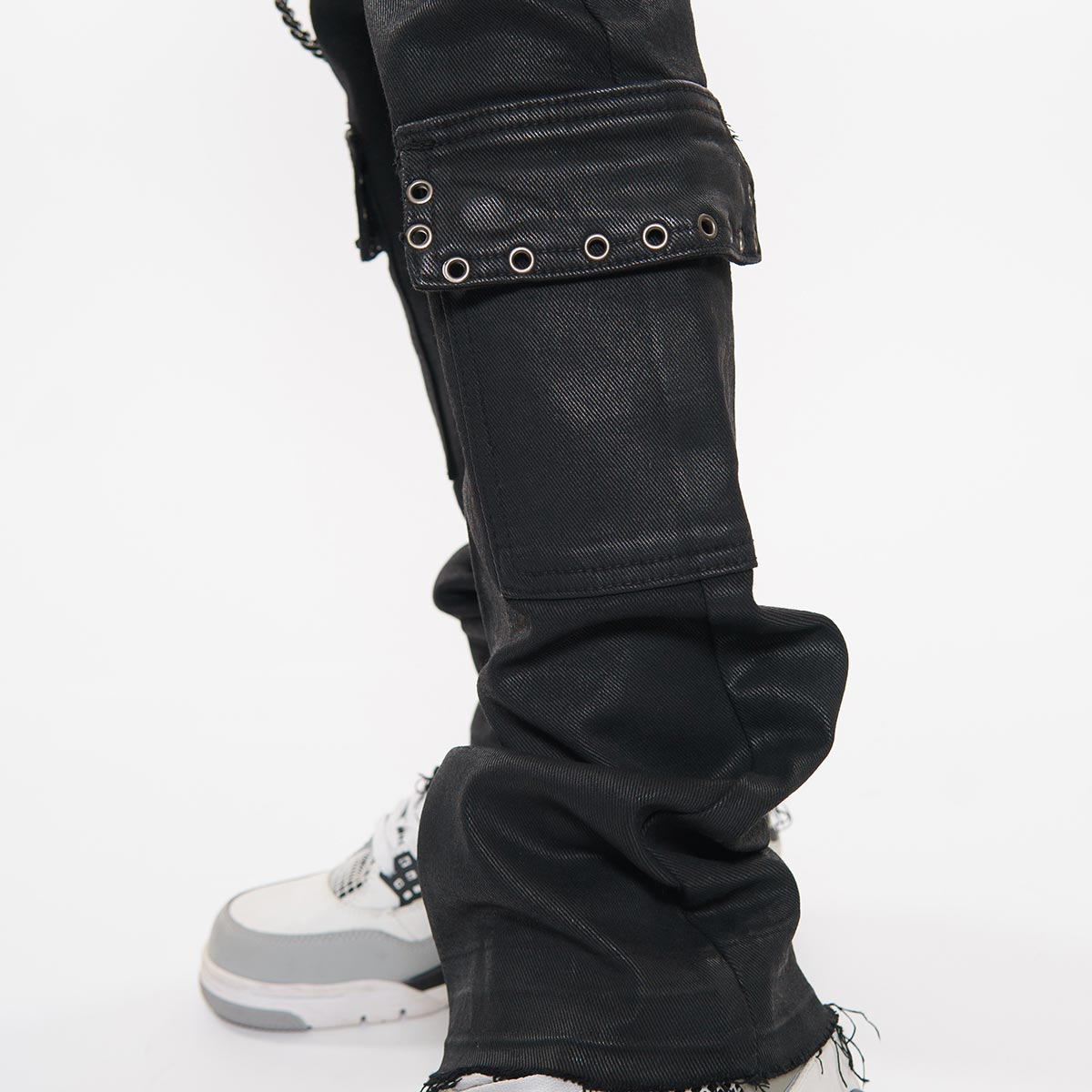 Wax coated cargo flare denim pant with side chains By Vicious-5