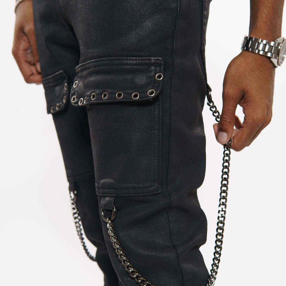Wax coated cargo flare denim pant with side chains By Vicious-6