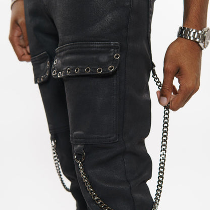 Wax coated cargo flare denim pant with side chains By Vicious-6