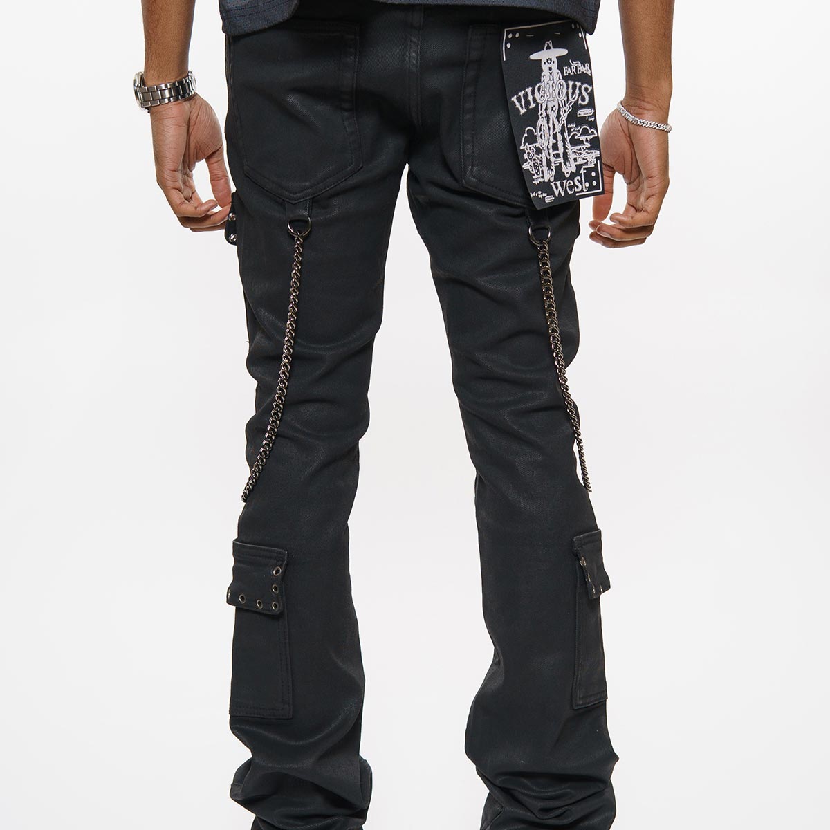 Wax coated cargo flare denim pant with side chains By Vicious-7