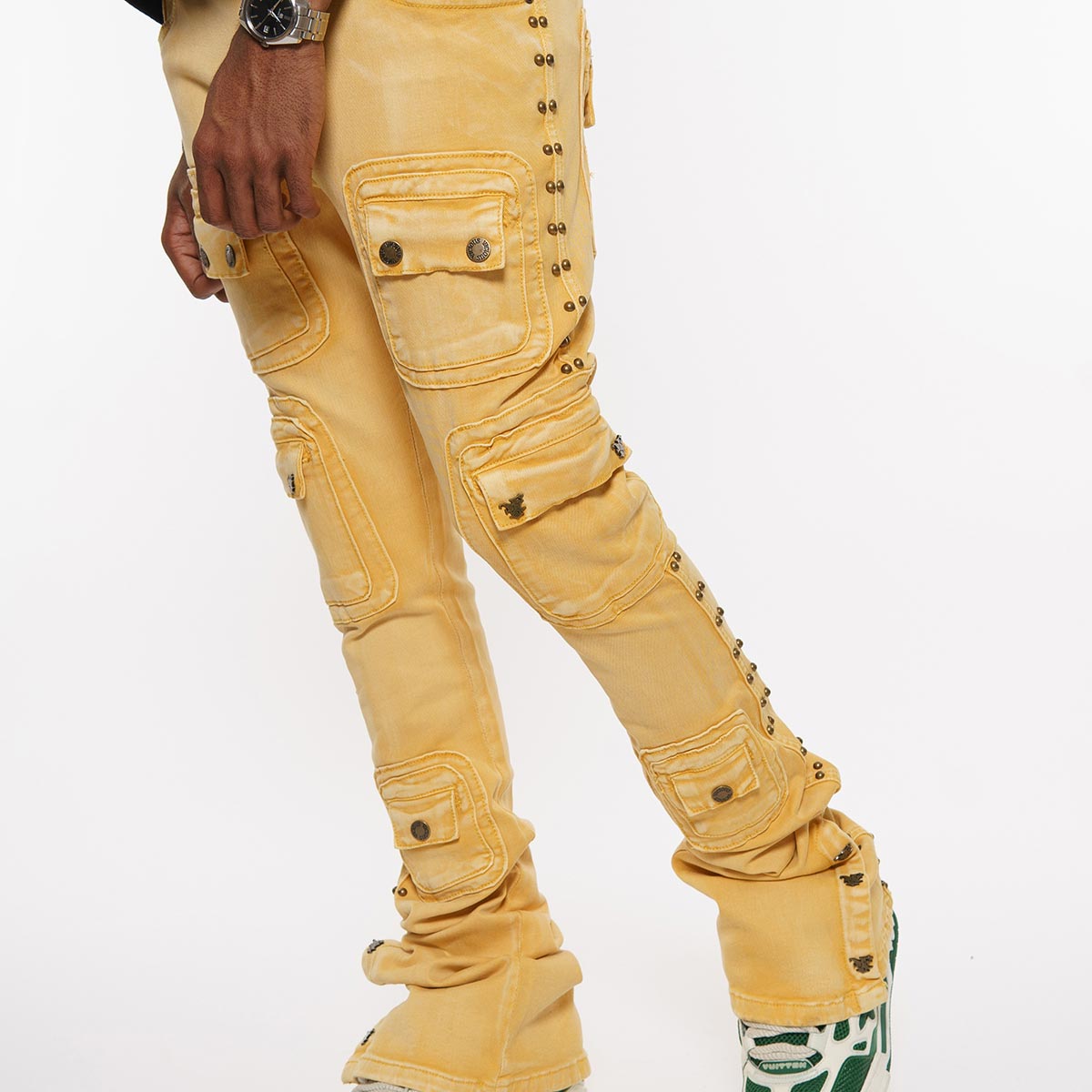 Studded warrior cargo flare fit denim pant