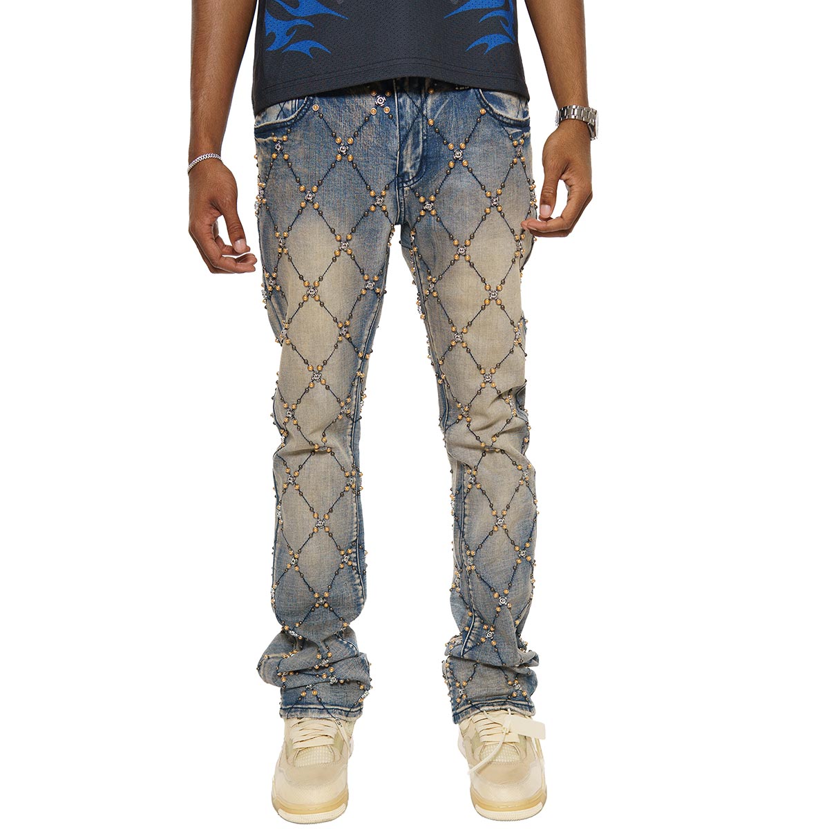 Wax coated cargo flare denim pant w/ side chains by Vicious, view 1