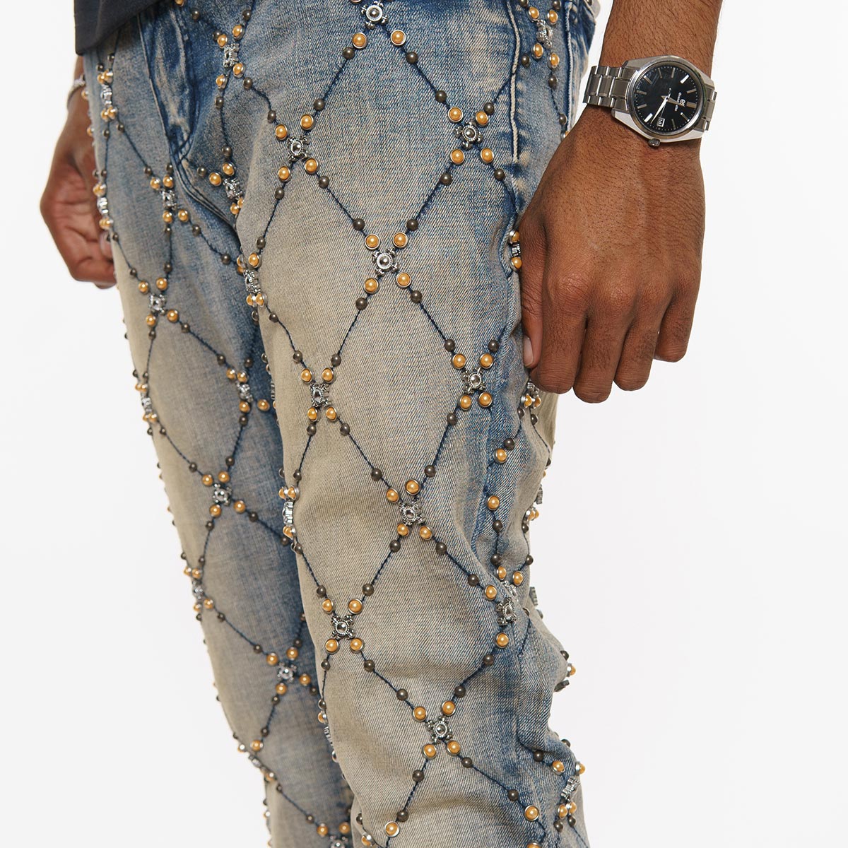 Wax coated cargo flare denim pant w/ side chains by Vicious, view 5
