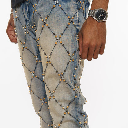 Wax coated cargo flare denim pant w/ side chains
