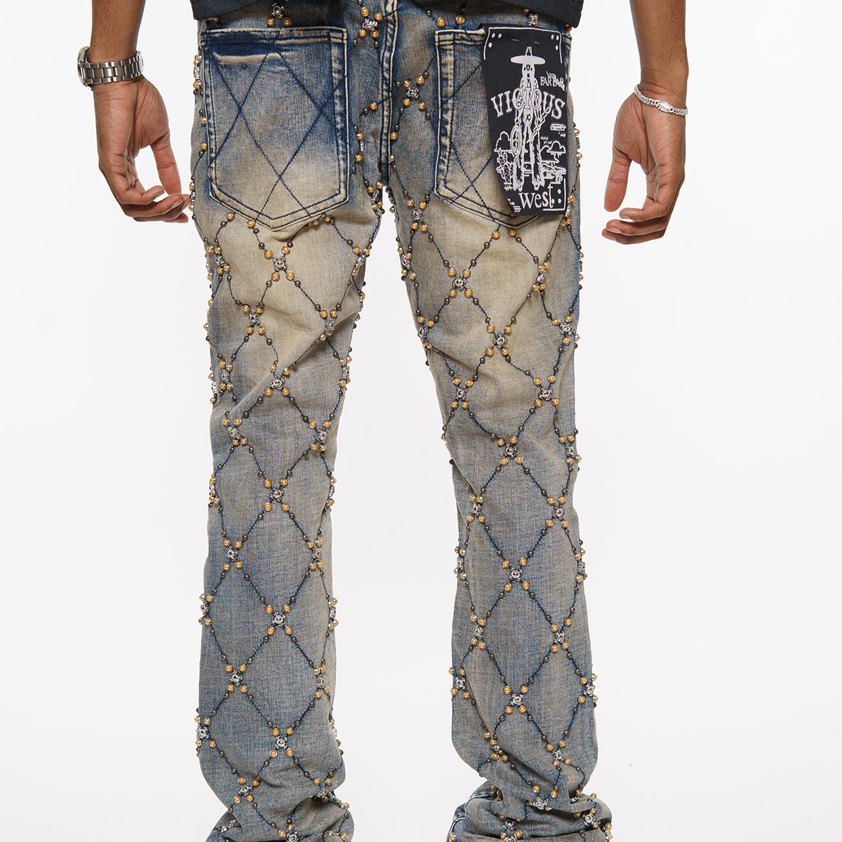 Wax coated cargo flare denim pant w/ side chains by Vicious, view 6