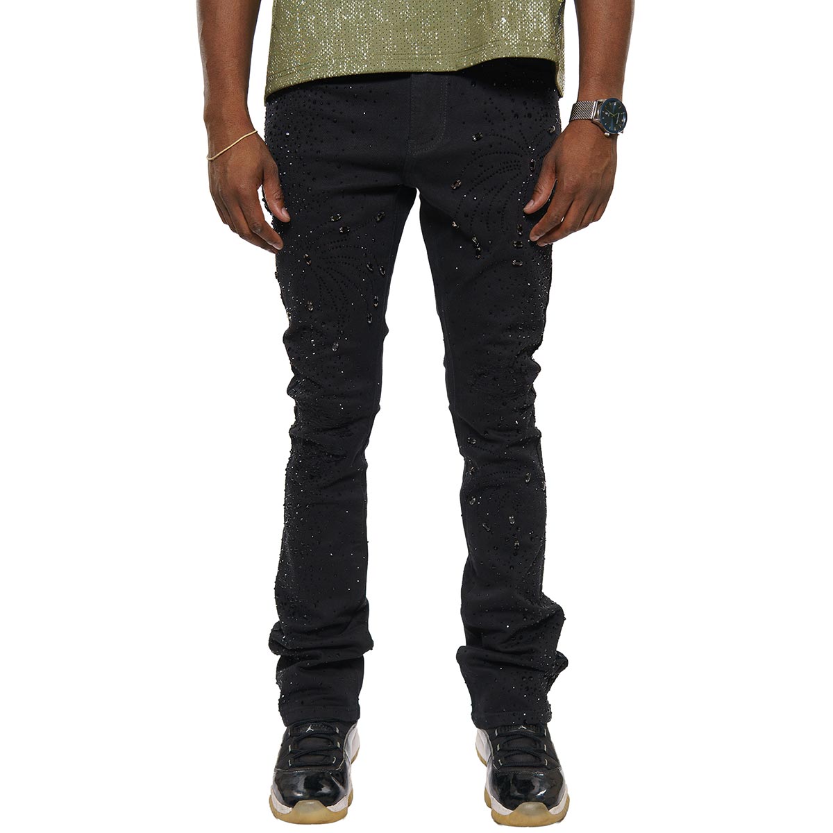 Embellished rhinestone denim flared pants