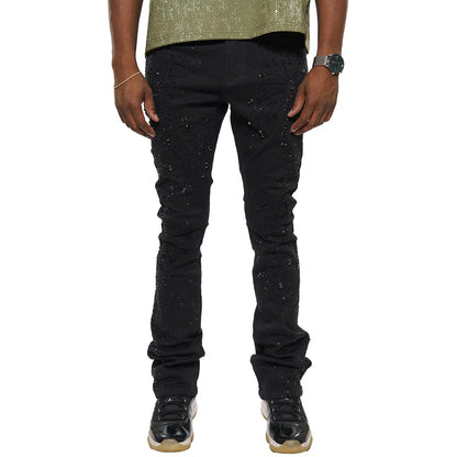 Embellished rhinestone denim flared pants