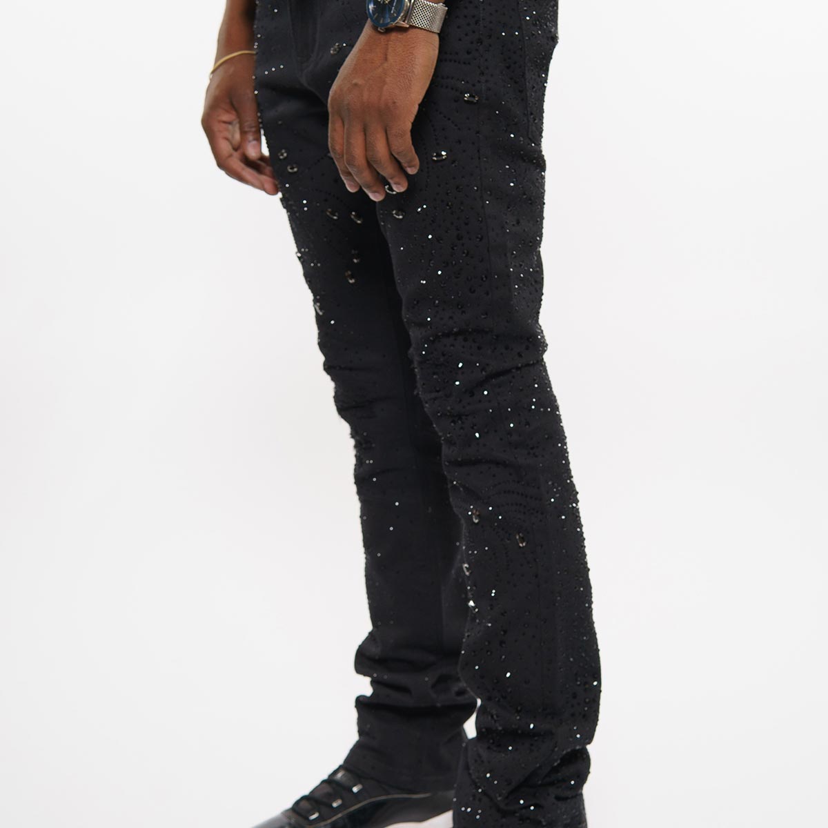 Embellished rhinestone denim flared pants