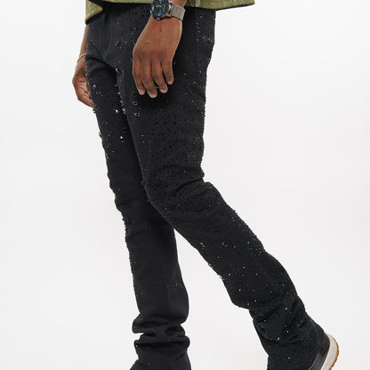 Embellished rhinestone denim flared pants