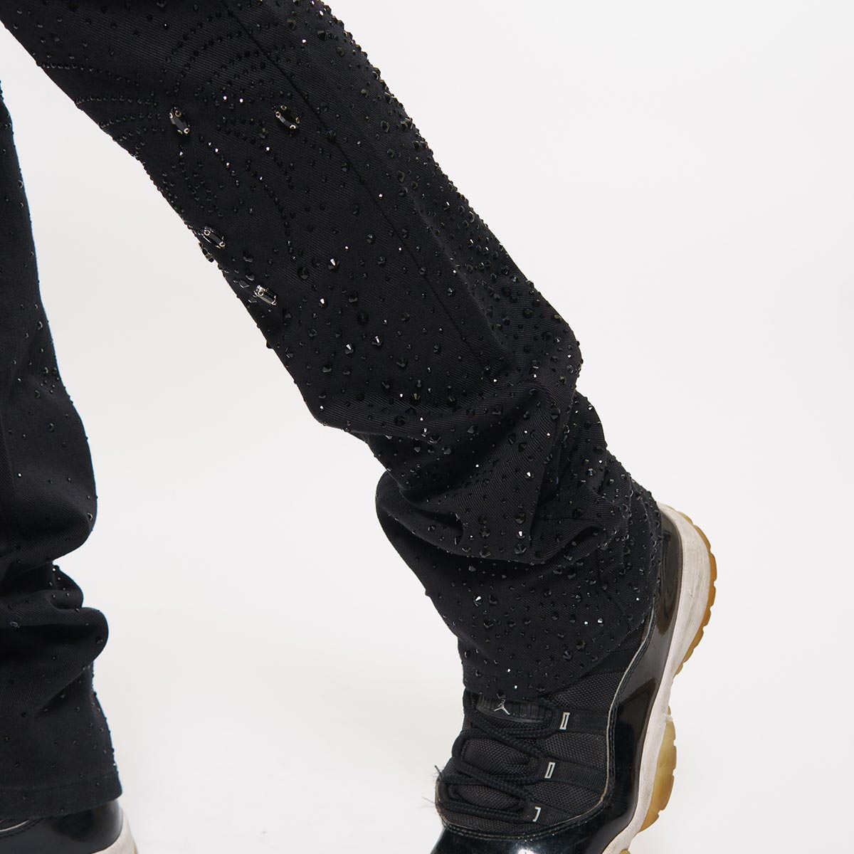 Embellished rhinestone denim flared pants