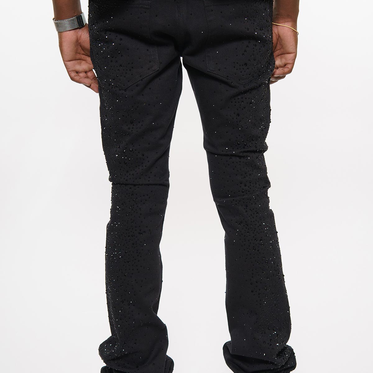 Embellished rhinestone denim flared pants