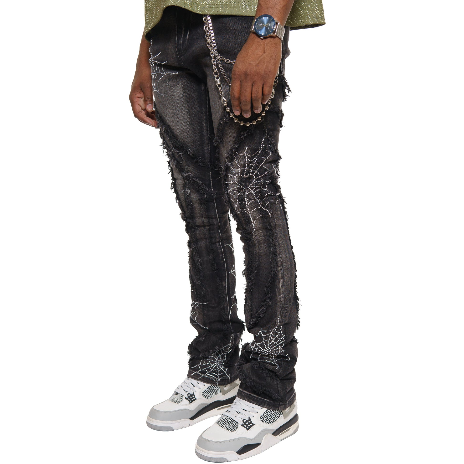 Stack denim pant w/ studded spider webs By Vicious-3