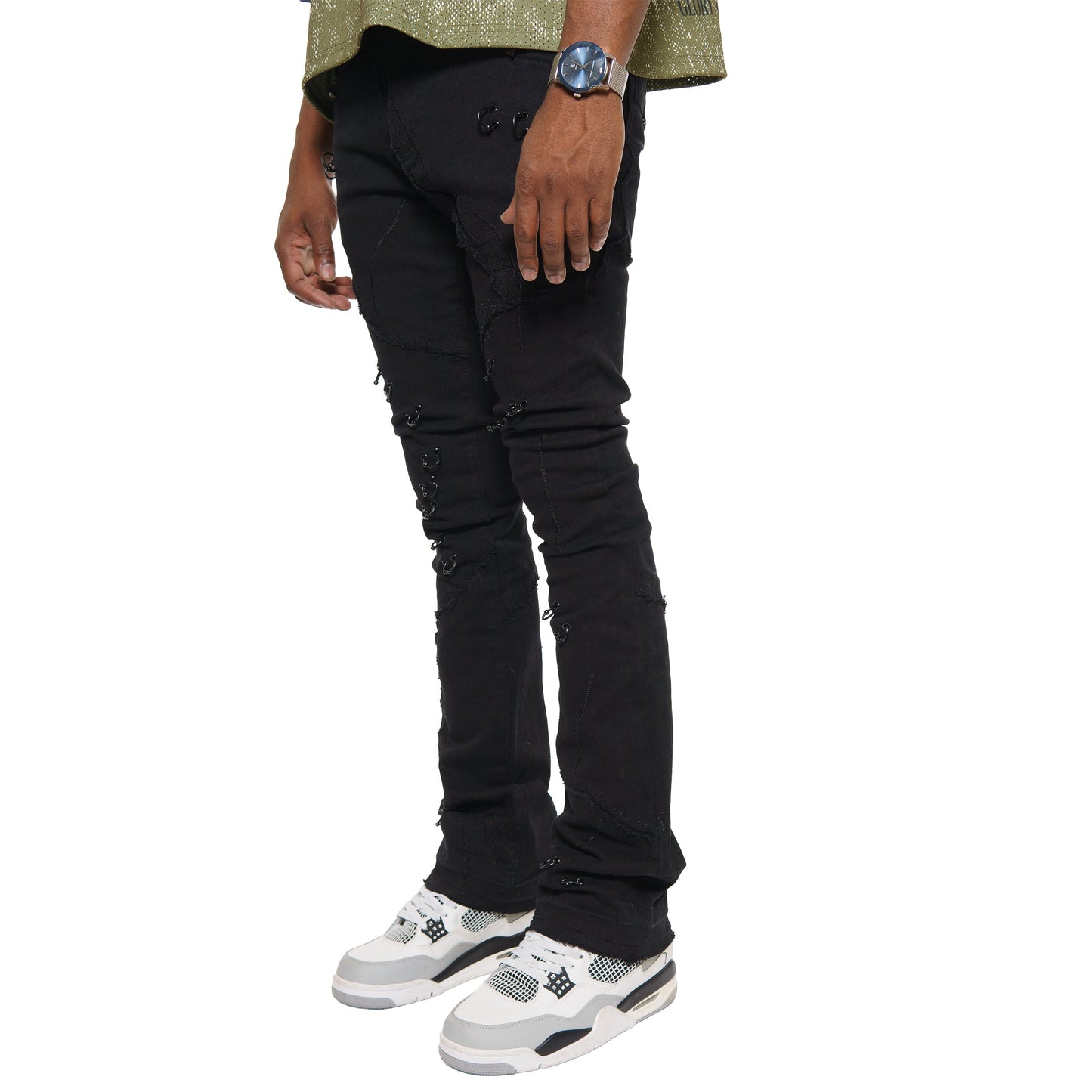 Rip & repair flare denim pant w/ metal ring details By Vicious-4