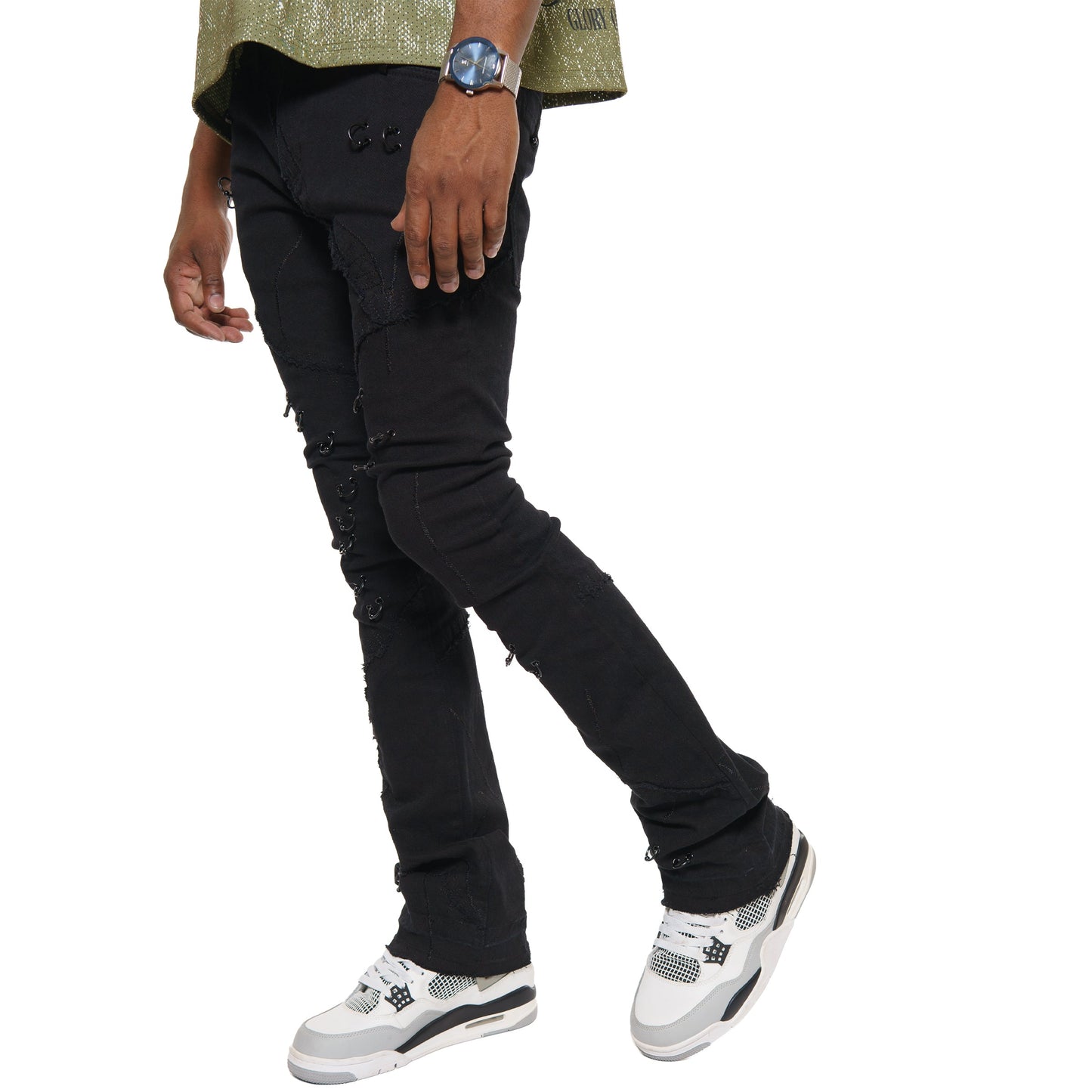 Rip & repair flare denim pant w/ metal ring details By Vicious-3