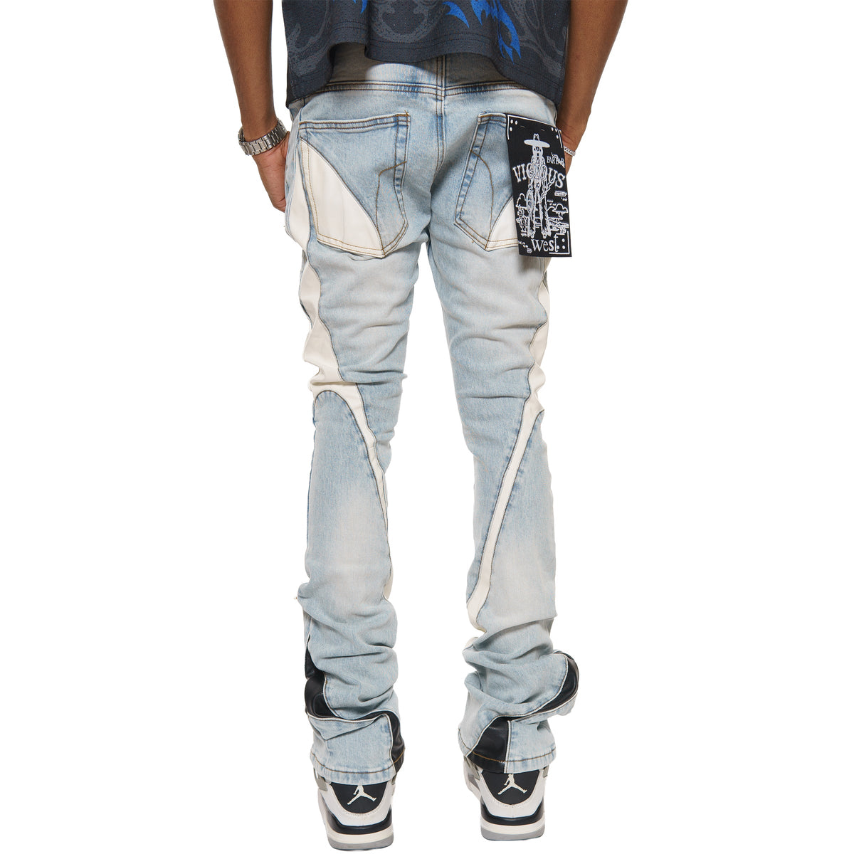 Stack denim w/ leather cut & sew details by Vicious, view 9