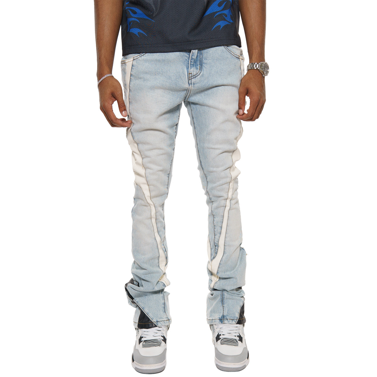 Stack denim w/ leather cut & sew details by Vicious, view 2