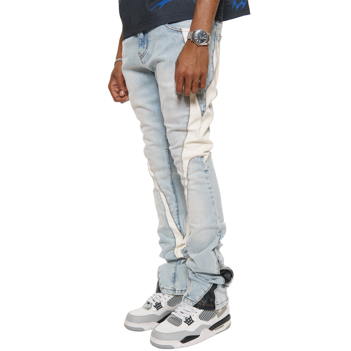 Stack denim w/ leather cut & sew details