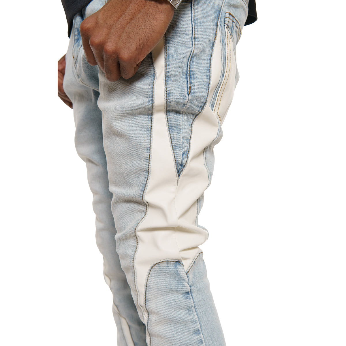 Stack denim w/ leather cut & sew details by Vicious, view 7
