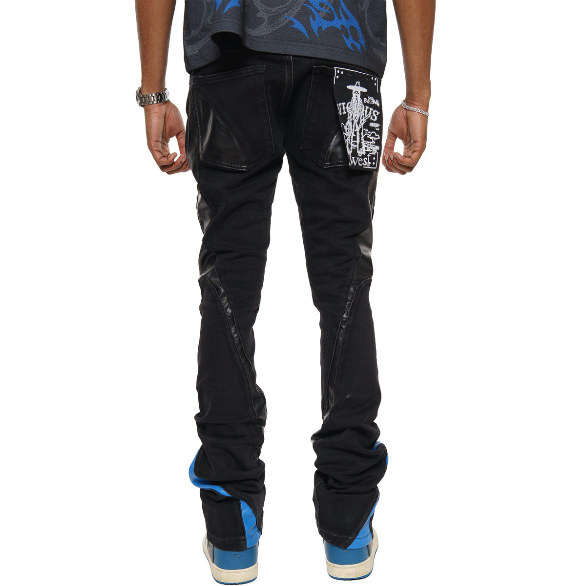Stack denim w/ leather cut & sew details by Vicious, view 15