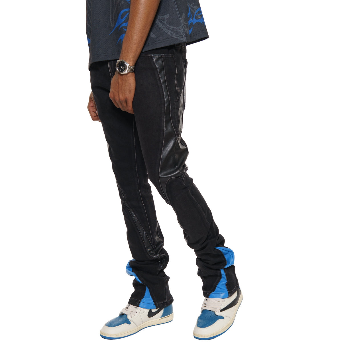 Stack denim w/ leather cut & sew details by Vicious, view 11
