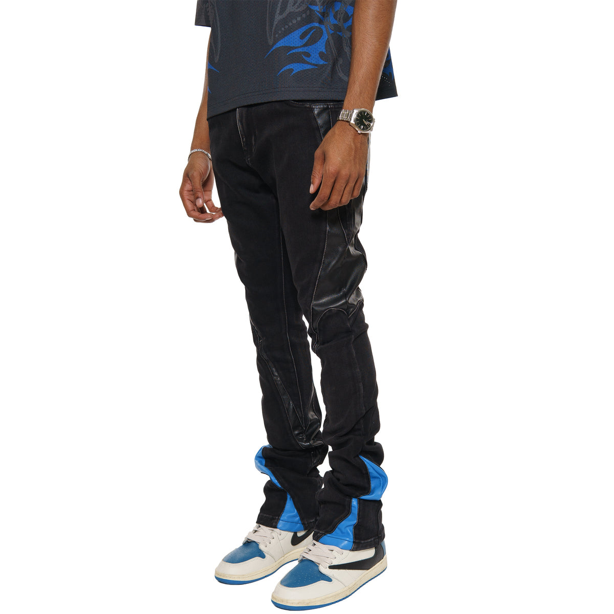 Stack denim w/ leather cut & sew details by Vicious, view 14