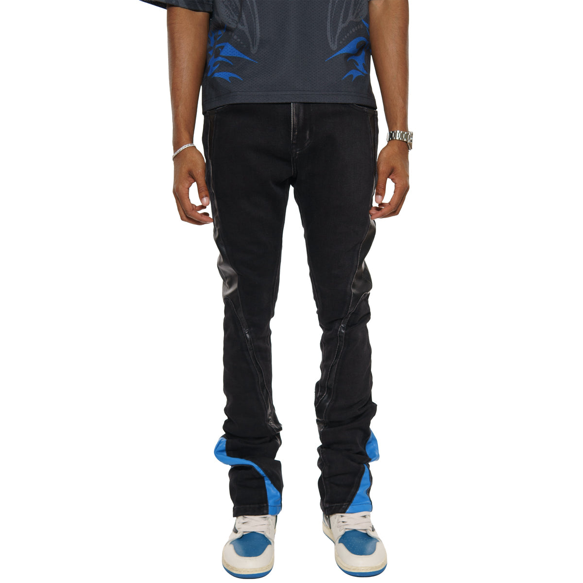 Stack denim w/ leather cut & sew details by Vicious, view 10