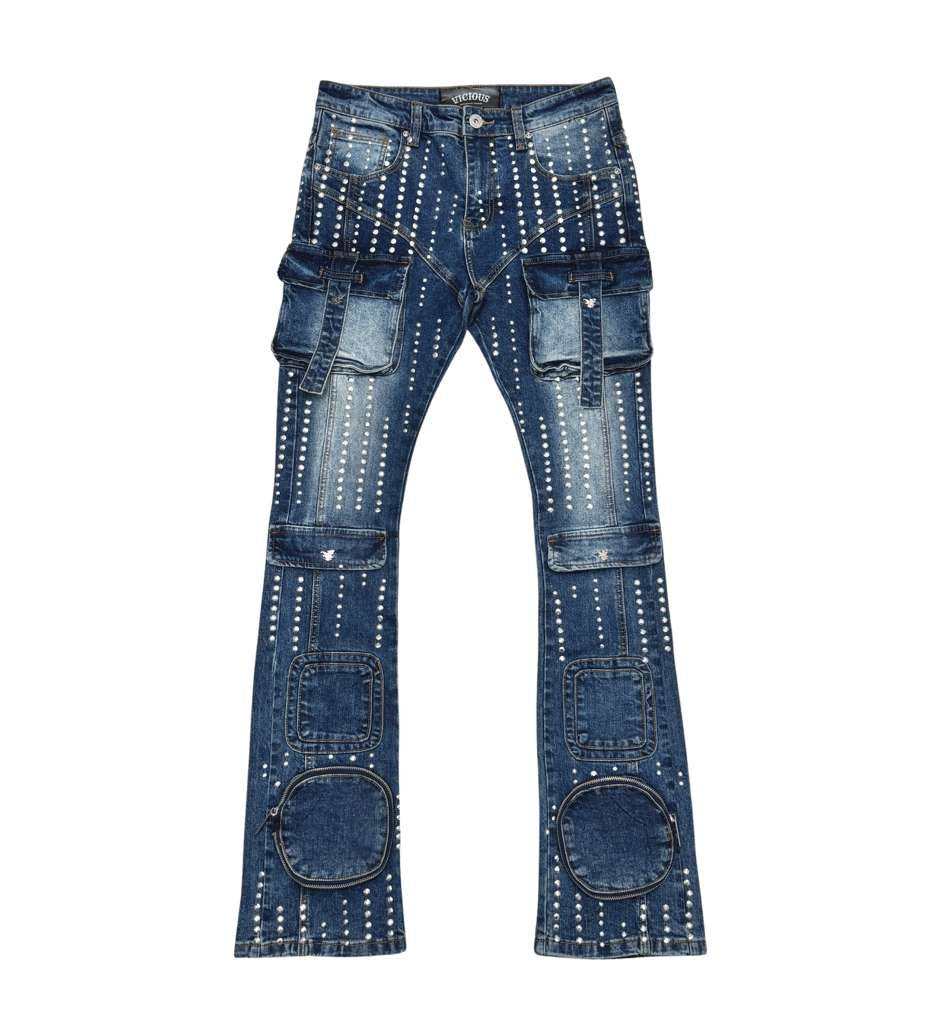 Silver studded muti cargo flare denim pant By Vicious-1