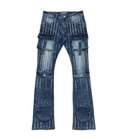 Silver studded muti cargo flare denim pant By Vicious-1