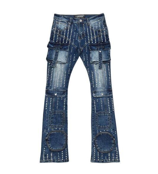 Silver studded muti cargo flare denim pant By Vicious-1