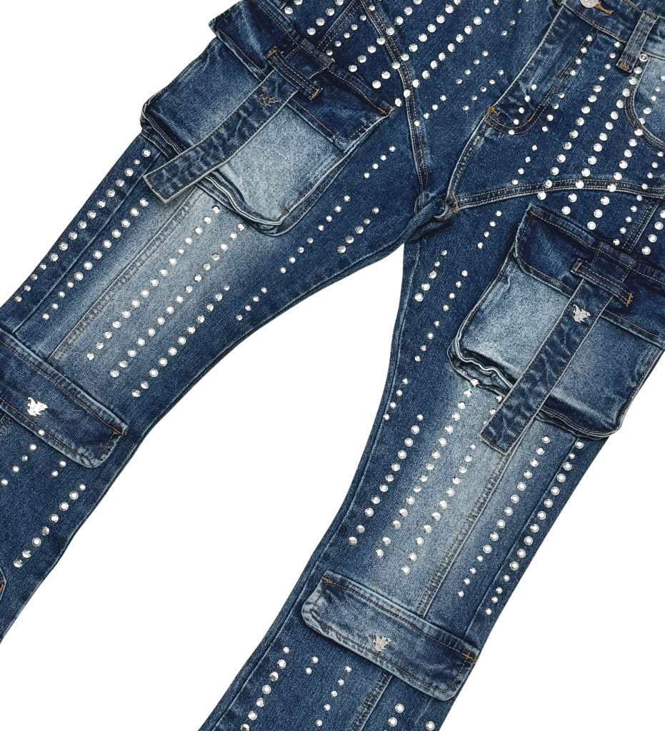 Silver studded muti cargo flare denim pant By Vicious-3