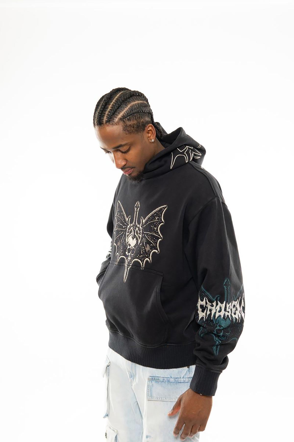 Sword in skull oversized pull-over hoodie by Chosen, view 3