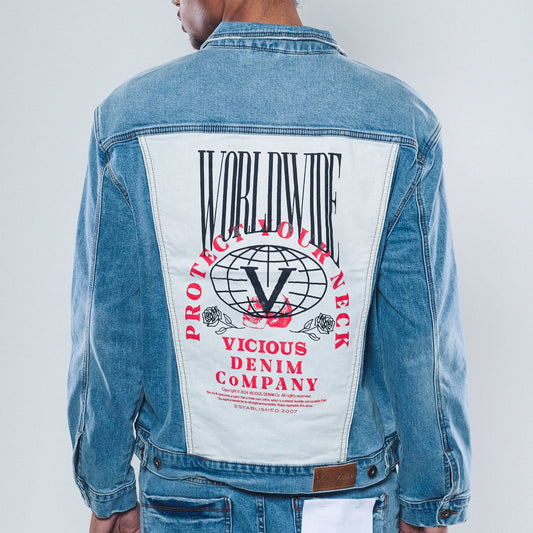 Denim jacket w/ suede cut & sew and pearl + gem stone details By Vicious-1