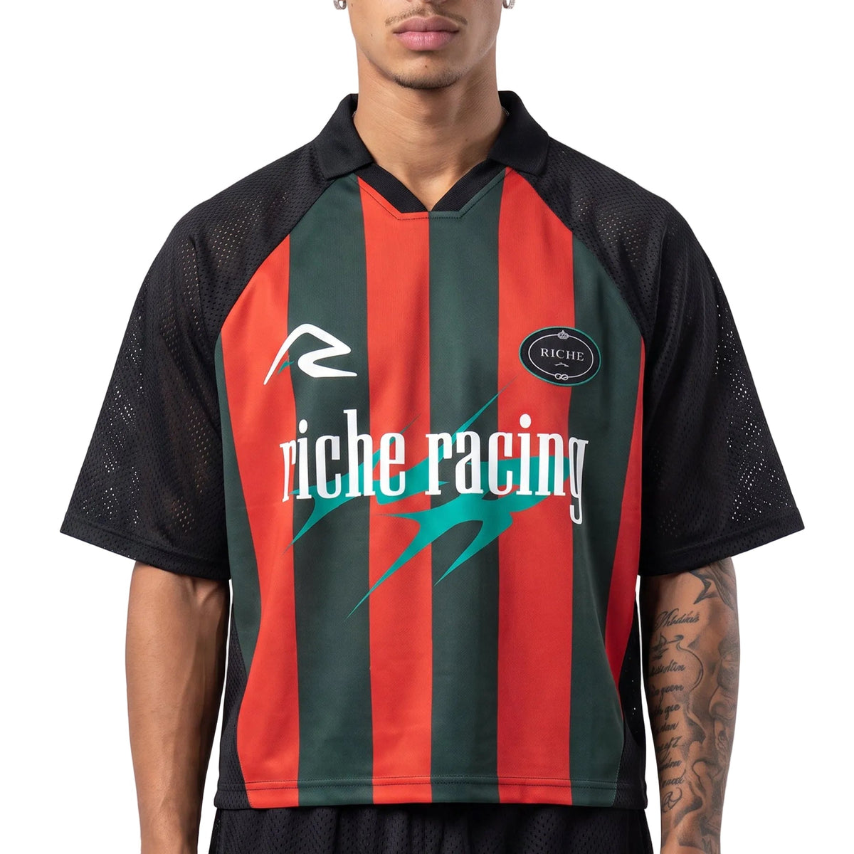 Rr striped mesh boxy soccer jersey by Vie+Riche, view 1