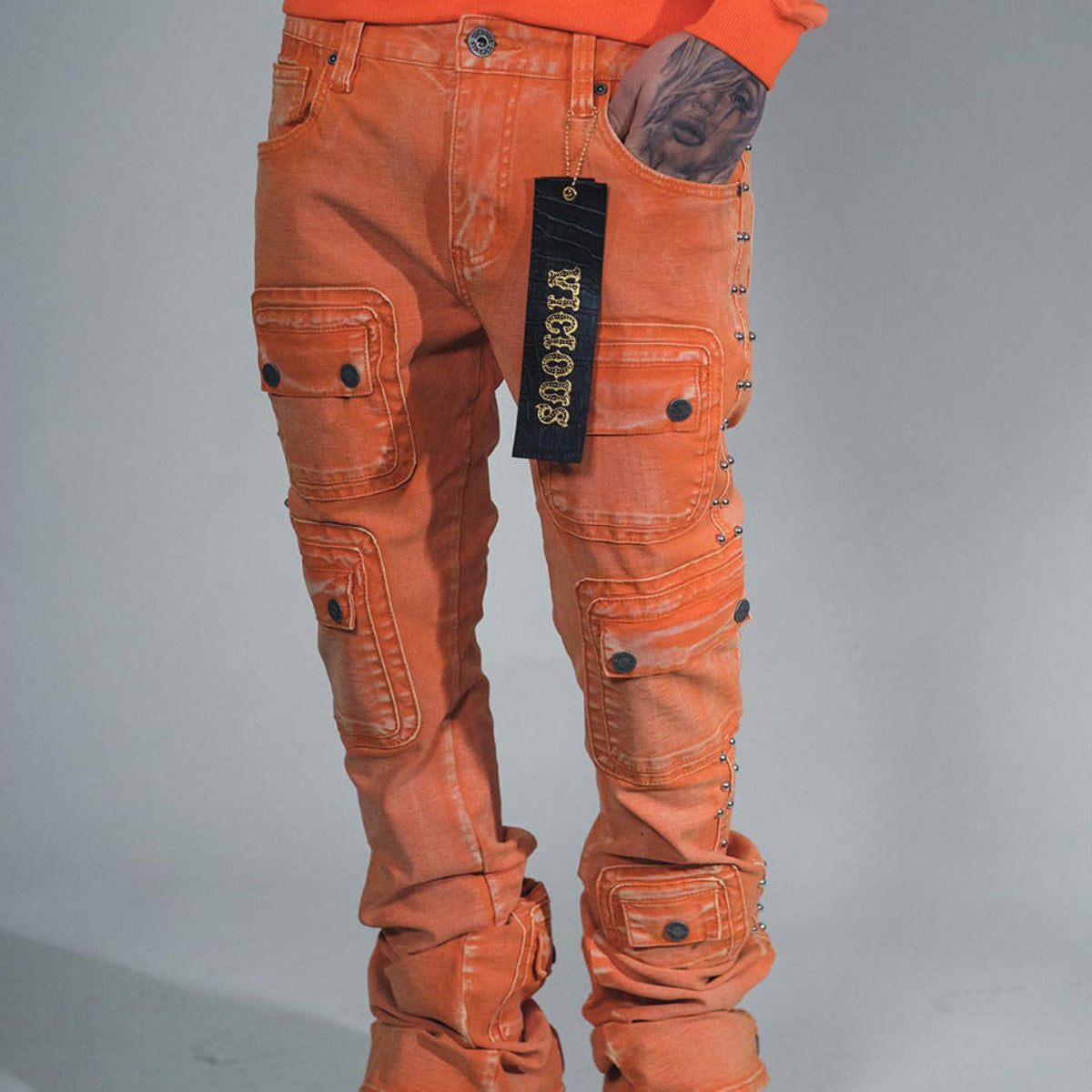 Studded warrior cargo flare fit denim pant