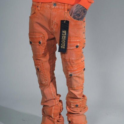 Studded warrior cargo flare fit denim pant