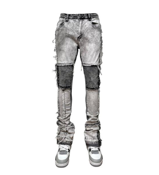 Raw edge tonal patchwork denim