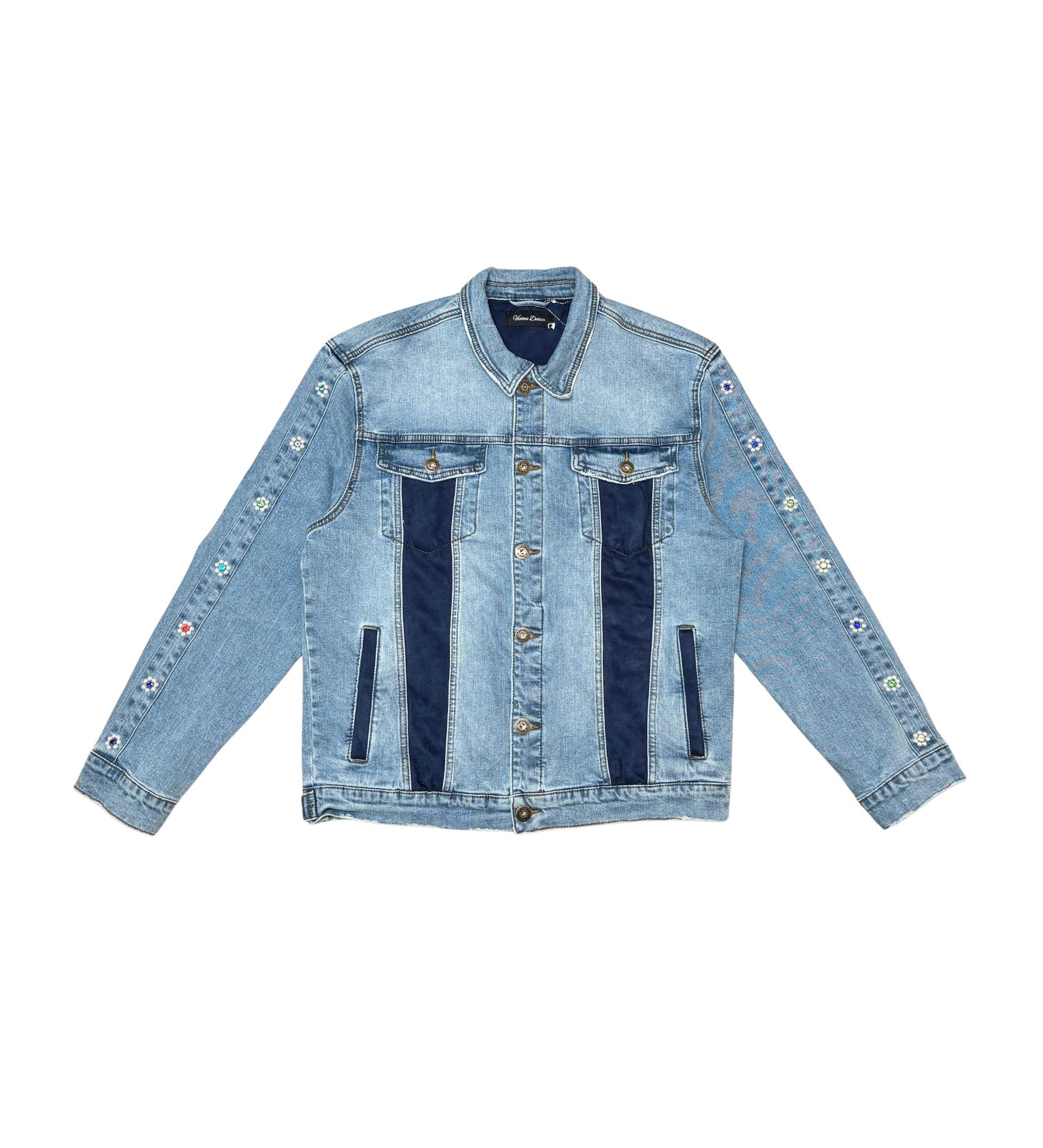 Denim Jacket w/ Suede Cut & Sew and Pearl + Gem Stone Details Light Blue by Vicious - 1