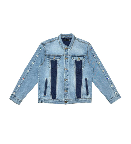 Denim Jacket w/ Suede Cut & Sew and Pearl + Gem Stone Details Light Blue by Vicious - 1