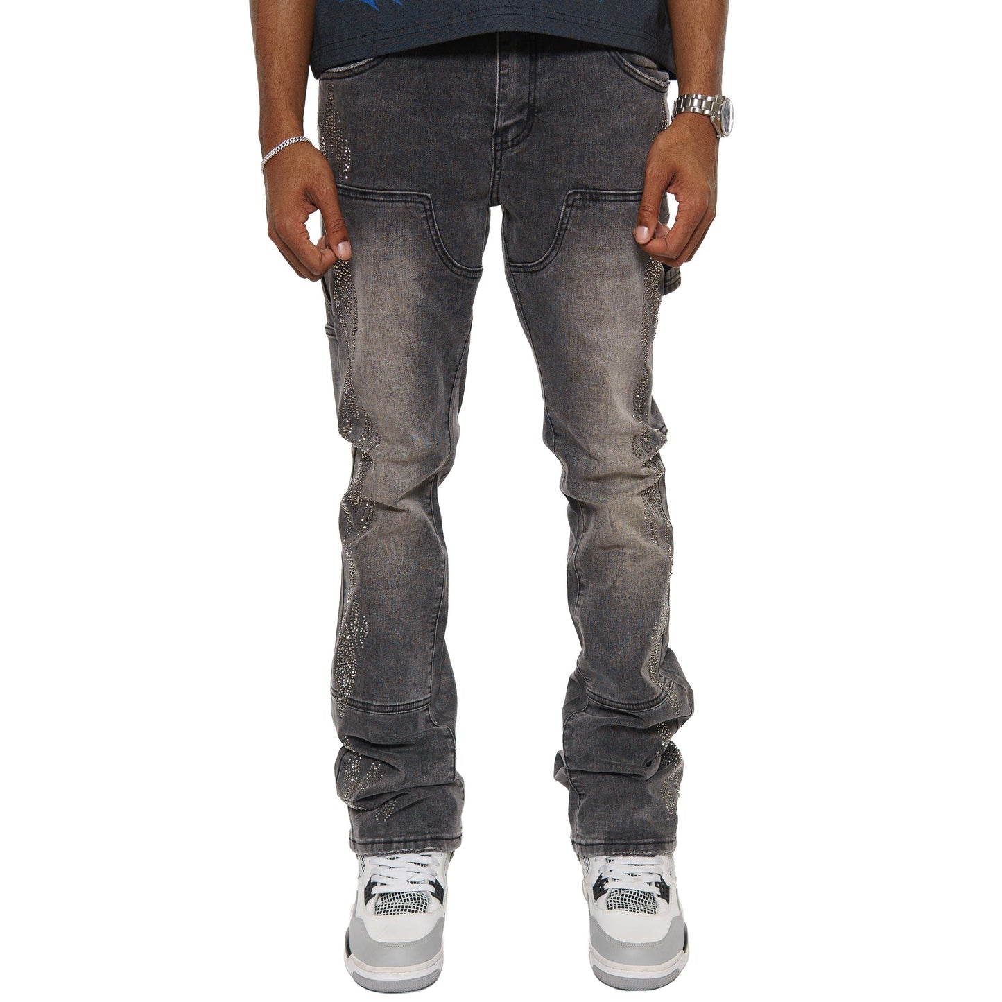 Carpenter flare denim pant w/ rhinestone details By Vicious-1