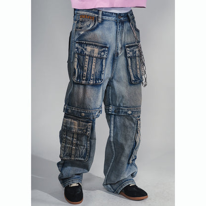 Multi Cargo Baggy Fit Denim  Antique Blue by Vicious - 1