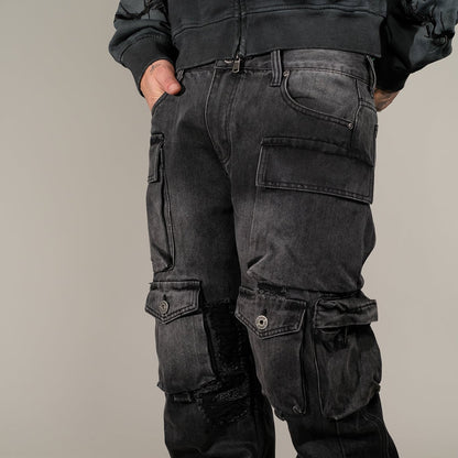 Multi Cargo Baggy/ Loose Fit Denim Black by Vicious - 2