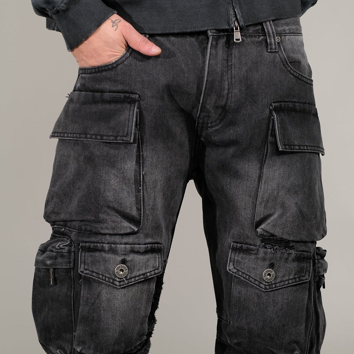 Multi Cargo Baggy/ Loose Fit Denim Black by Vicious - 3