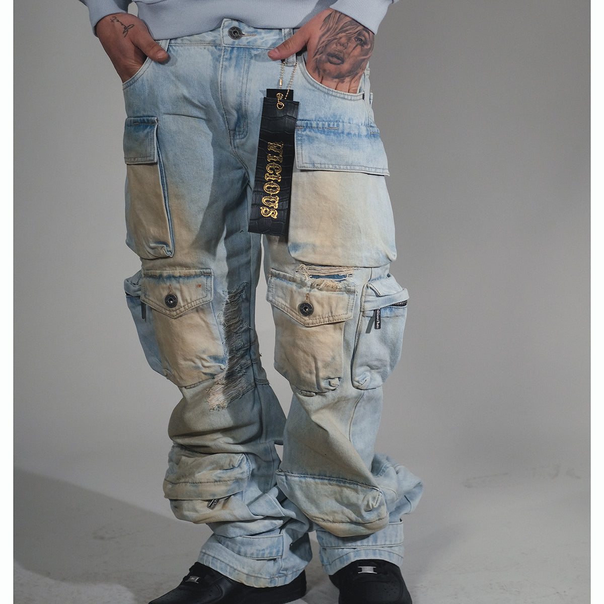 Multi Cargo Baggy/ Loose Fit Denim Vintage Blue by Vicious - 1