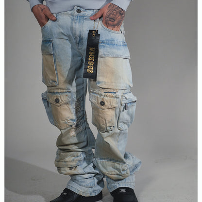 Multi Cargo Baggy/ Loose Fit Denim Vintage Blue by Vicious - 1