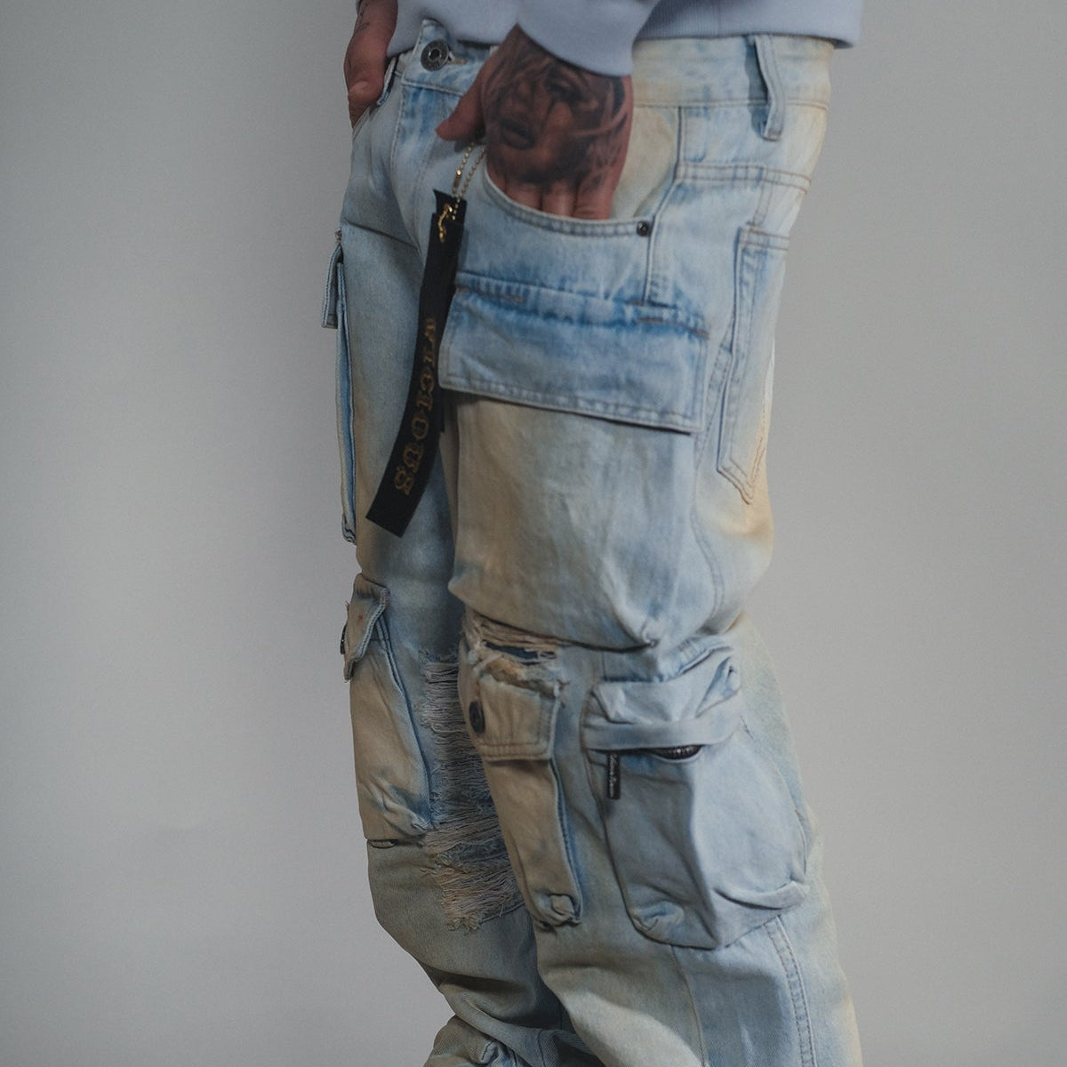 Multi Cargo Baggy/ Loose Fit Denim Vintage Blue by Vicious - 2