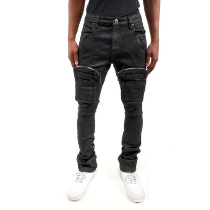 Zip cargo denim pants / flared Waxed Black by Vicious - 0
