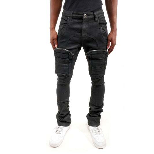 Zip cargo denim pants / flared Waxed Black by Vicious - 0